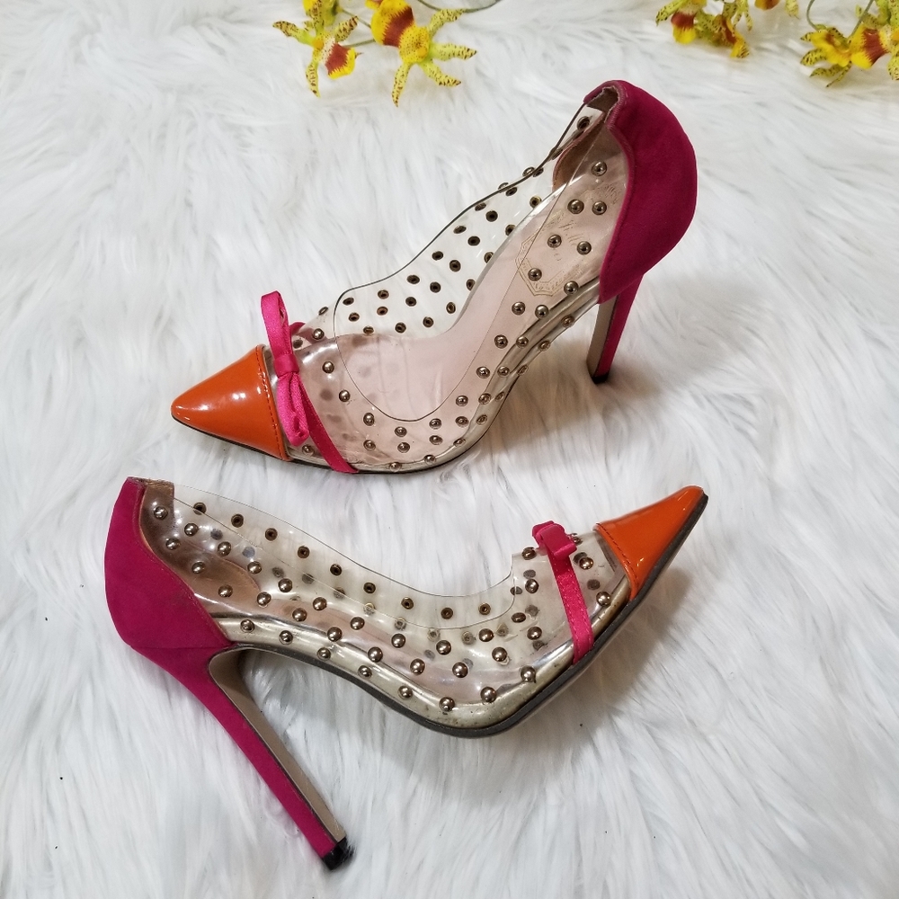 Transparent Pointed Toe Heels With Orange Pointed Studs And Pink Heel SIZE 36 .